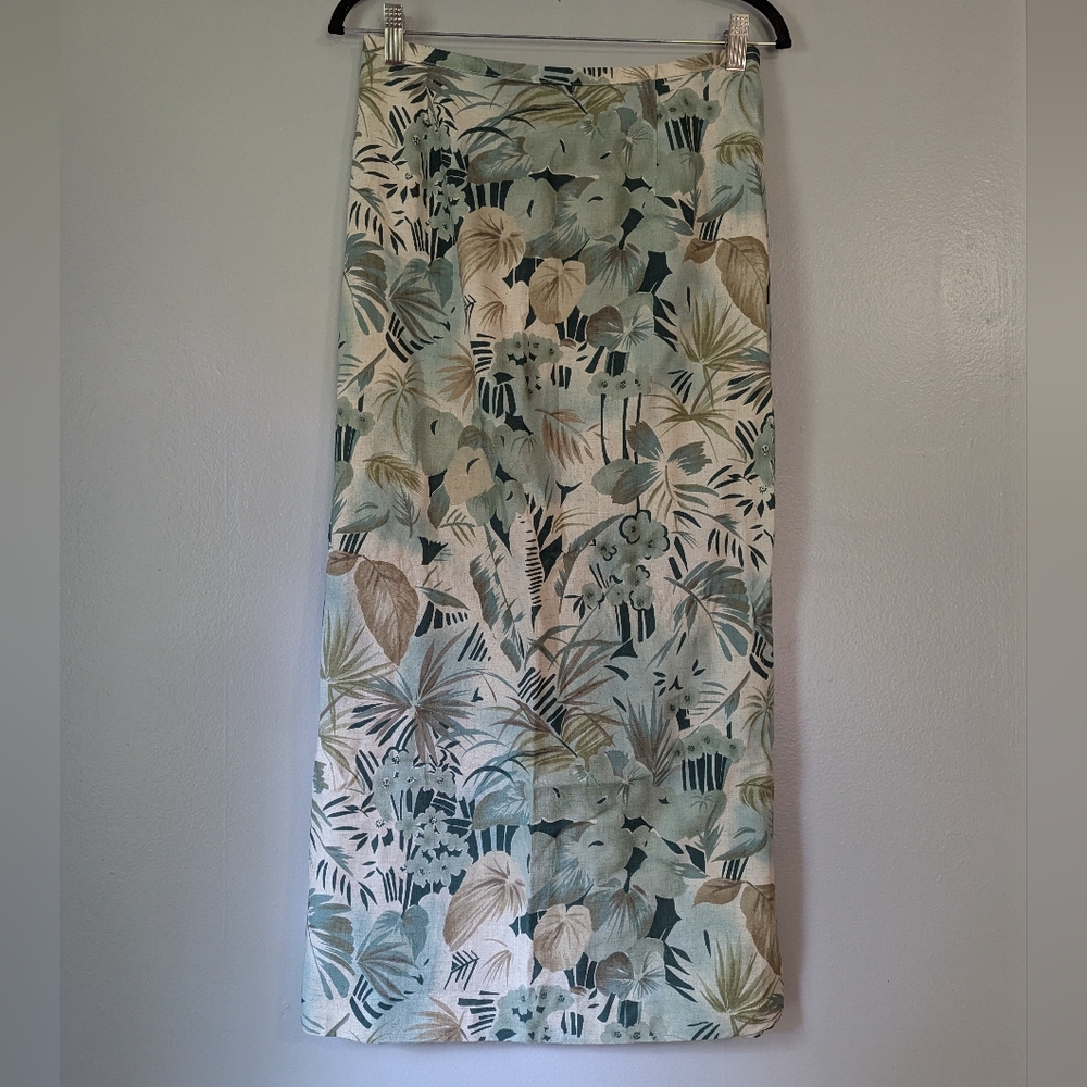 Vintage 90s Alfred Dunner Linen Blend Tropical Leaf Print midi Skirt Size 10